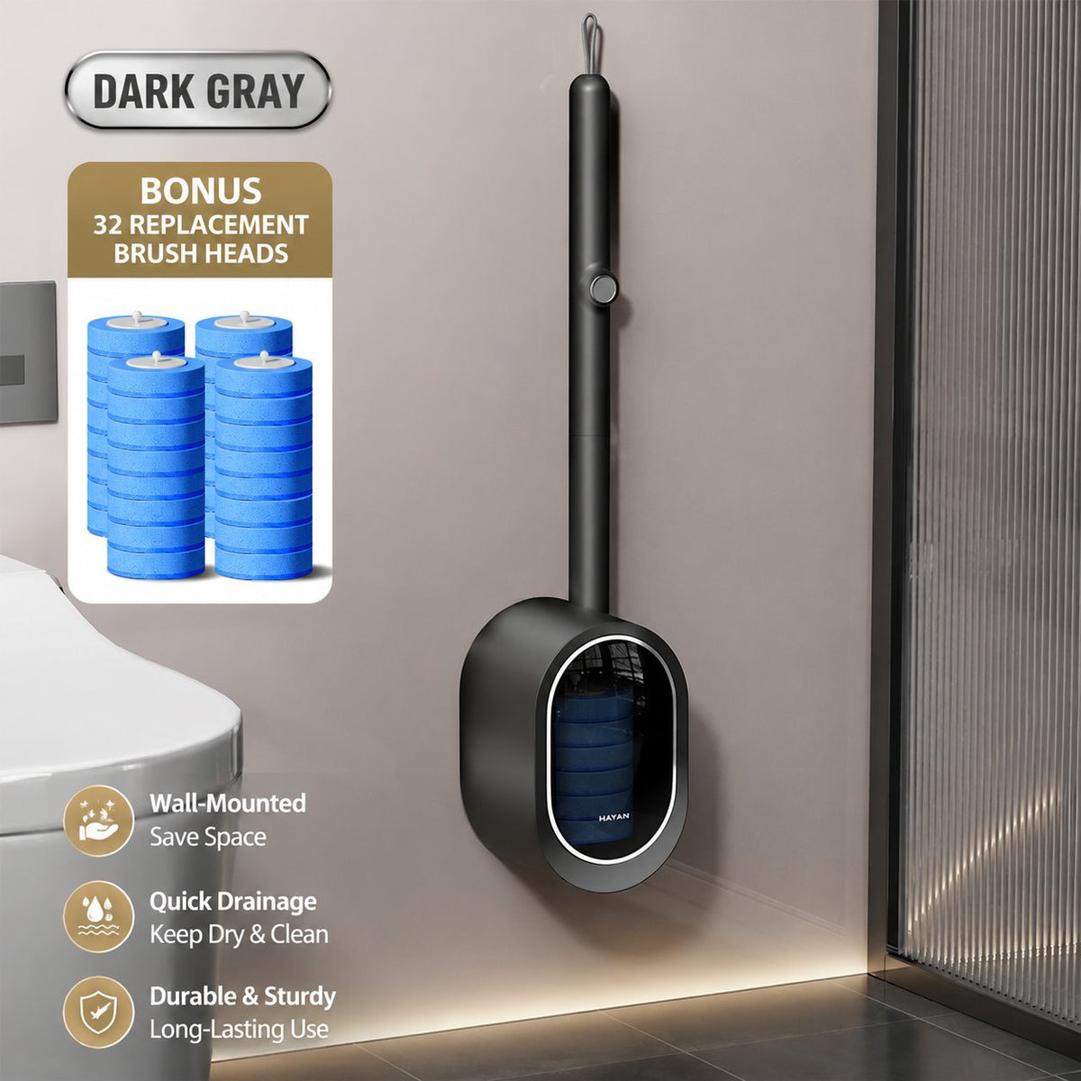 Disposable Toilet Brush Kit with Refills – Wall-Mount Toilet Cleaning System