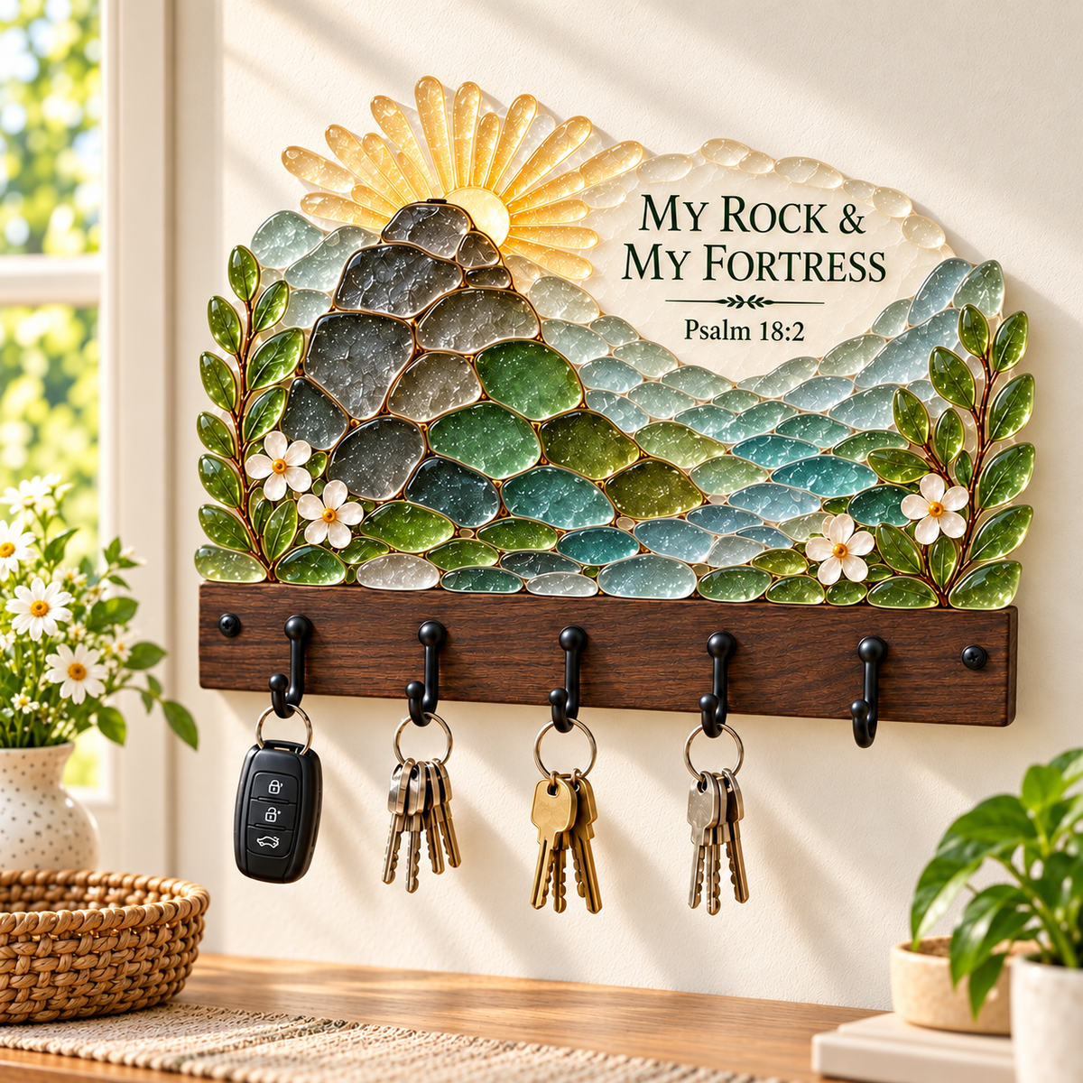 ๐ฟ Faith-Inspired Sea Glass Wall Key Holder โ Scripture Art with 5 Hooks ๐