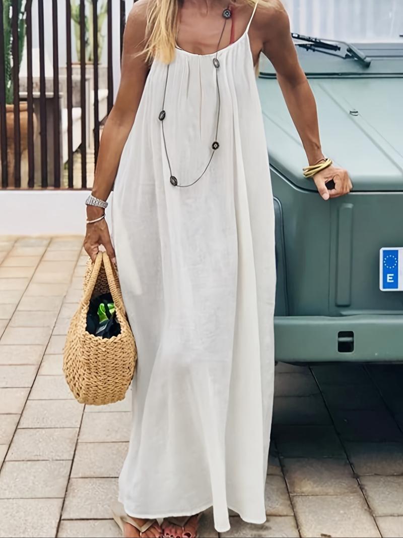 Women's Solid Color Cami Lounge Dress, Elegant Sleeveless Long Dress for Summer, Ladies Sleepwear for Indoor Wear