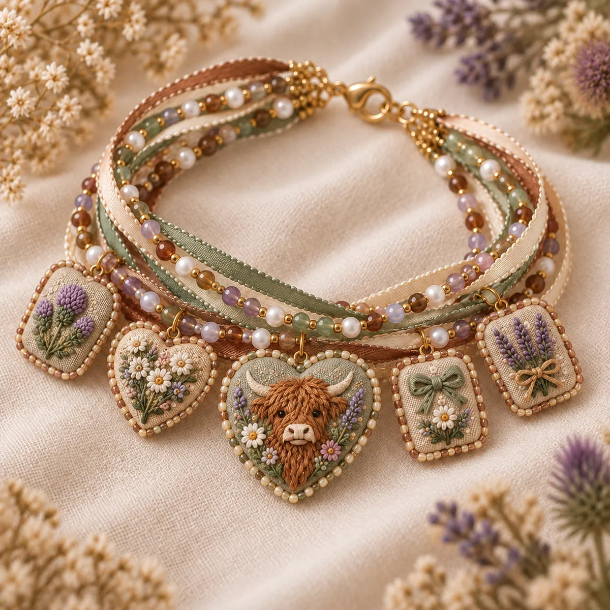 🌸 Embroidered Floral Charm Bracelet DIY Kit