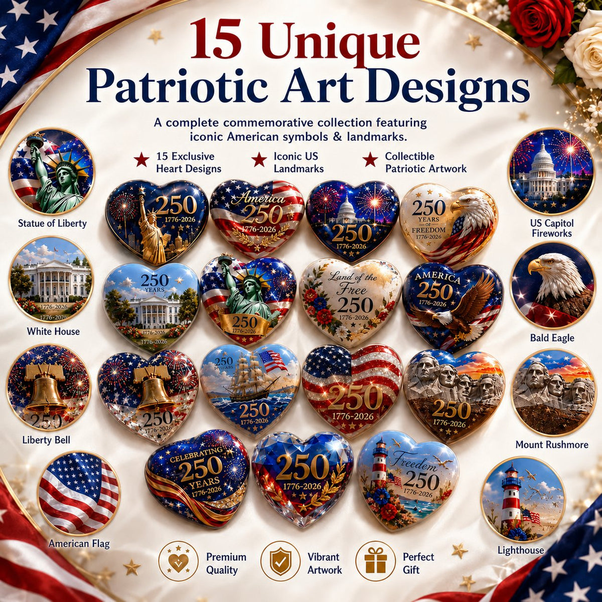 🇺🇸 250th Anniversary Commemorative Heart Ornament Collection | 15-Piece Patriotic Keepsake Set🎁Buy 2 Free Shipping