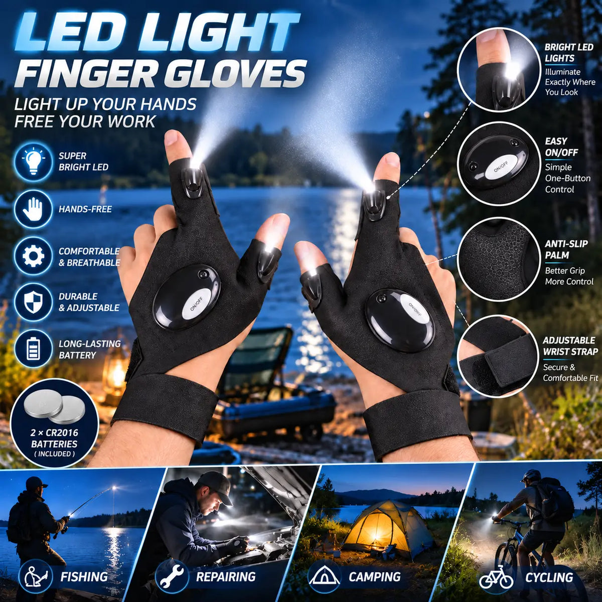 One Pair LED Finger Flashlight Gloves, Hands-Free LED Light Gloves for Fishing,Camping,Repair 🎣
