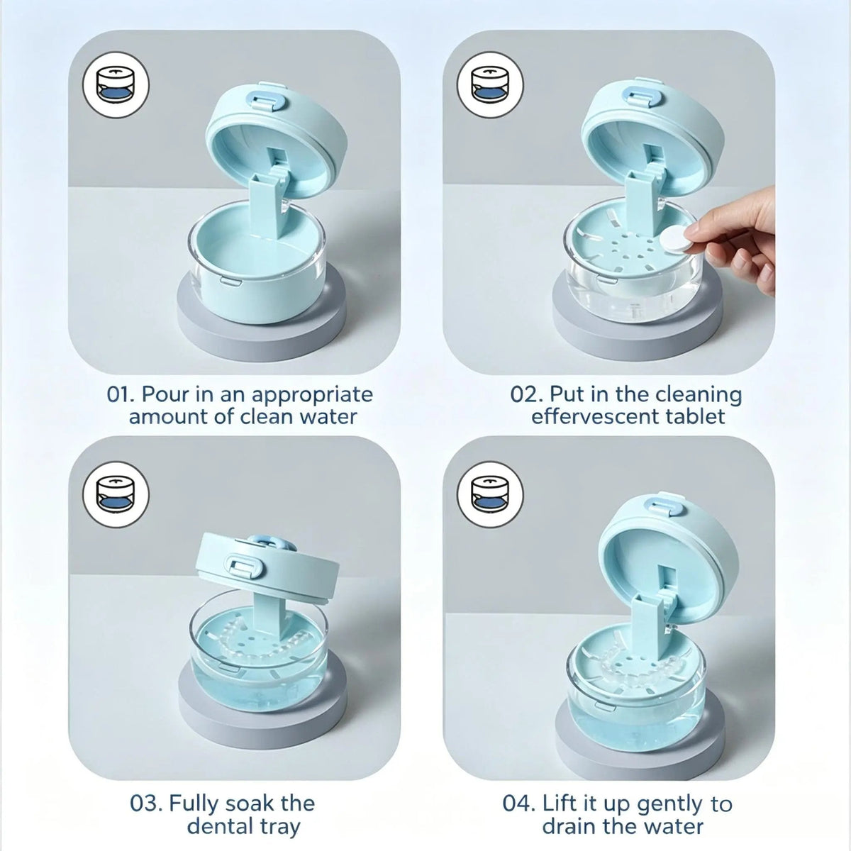 🦷Retainer Cleaner Soak Box with Drain Tray Mirror Brush Travel Storage Case