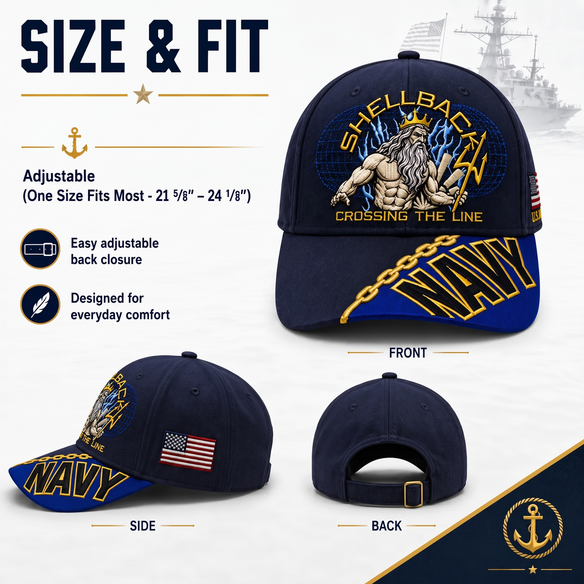 🔥SHELLBACK “Crossing The Line” Navy Embroidered Cap 🇺🇸