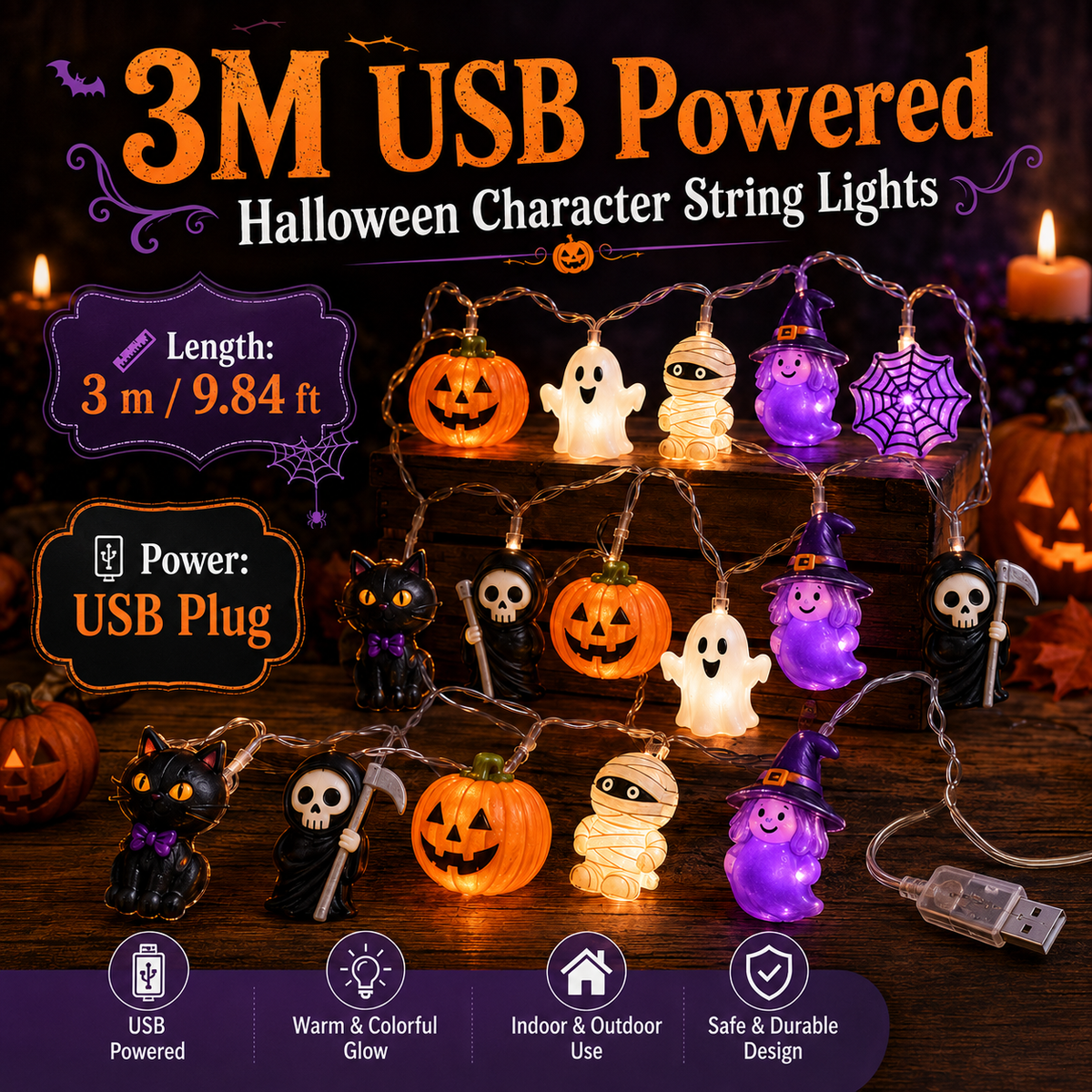 🎃 Halloween Character String Lights with Timer & 8 Lighting Modes – 20 LED Battery-Operated Décor