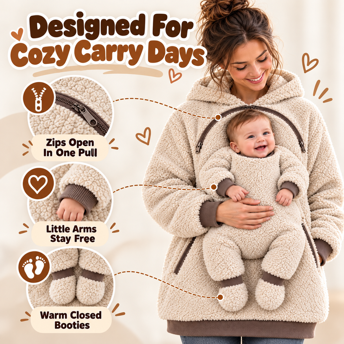 🧸 Sherpa Babywearing Hoodie – Cozy Hands-Free Snuggle Jacket with Built-In Support Seat, Warm Baby