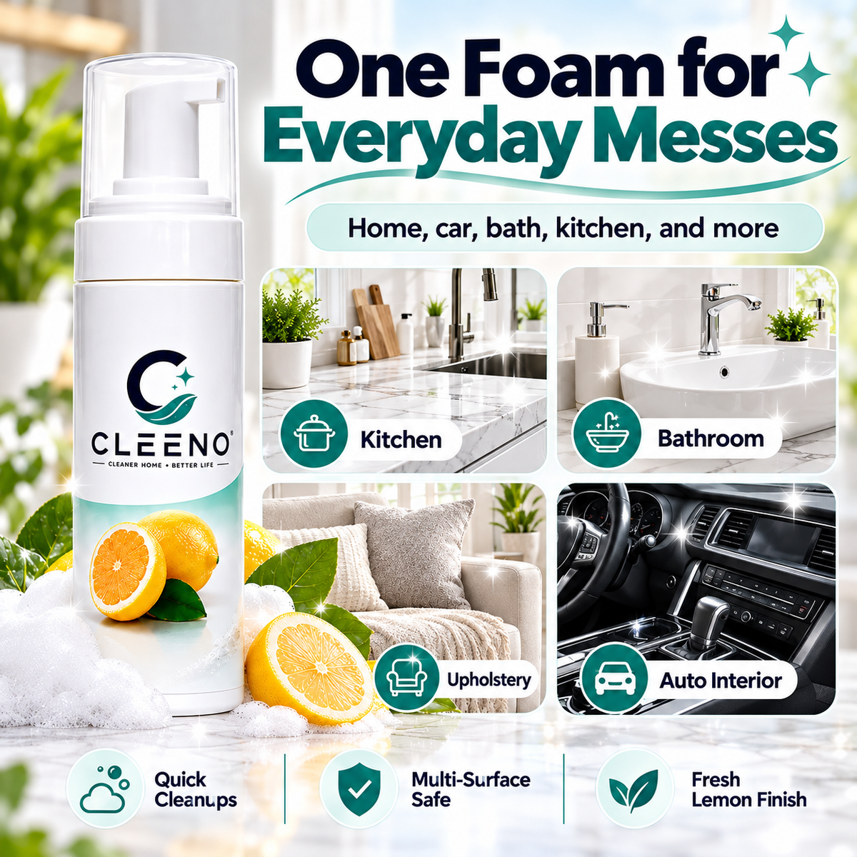 🍋 CLEENO Multi-Surface Foaming Cleaner™ – Heavy-Duty Grease & Grime Remover for Home, Car & More