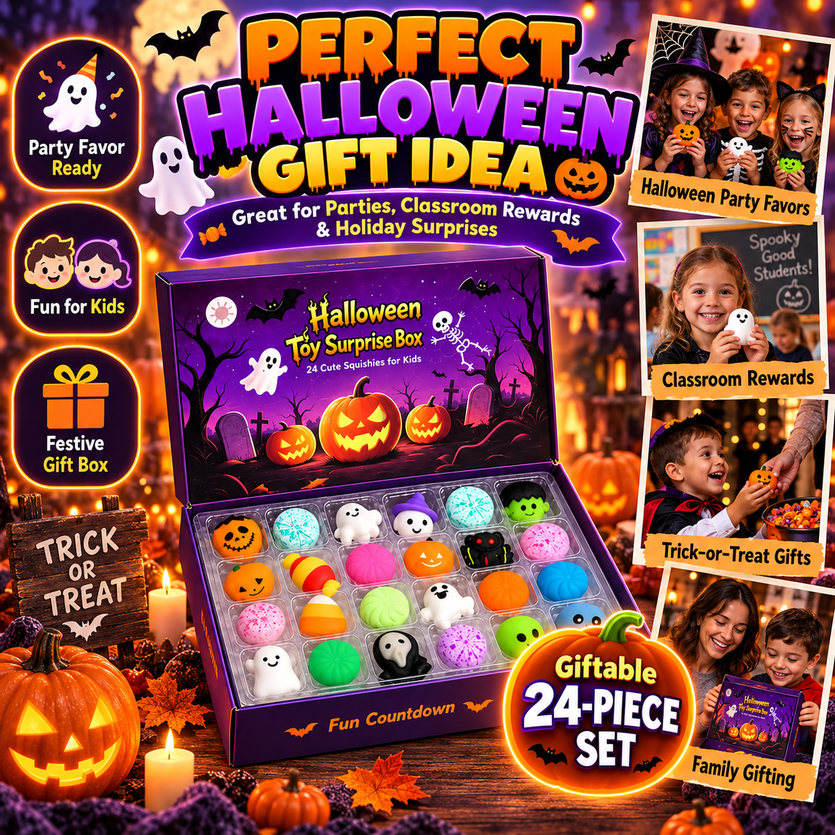 🎃 24-Day Halloween Squishy Surprise Box – 24 Cute Daily Surprises for Kids