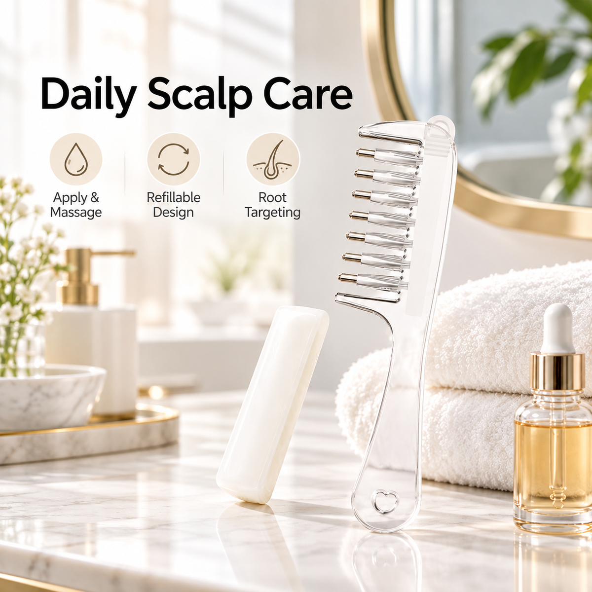💧Refillable Scalp Oil Applicator Comb with 7 Metal Massage Tips – Even Root Serum Distribution & Scalp Stimulation for Hair Care