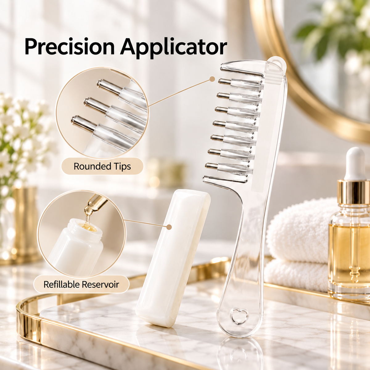 💧Refillable Scalp Oil Applicator Comb with 7 Metal Massage Tips – Even Root Serum Distribution & Scalp Stimulation for Hair Care
