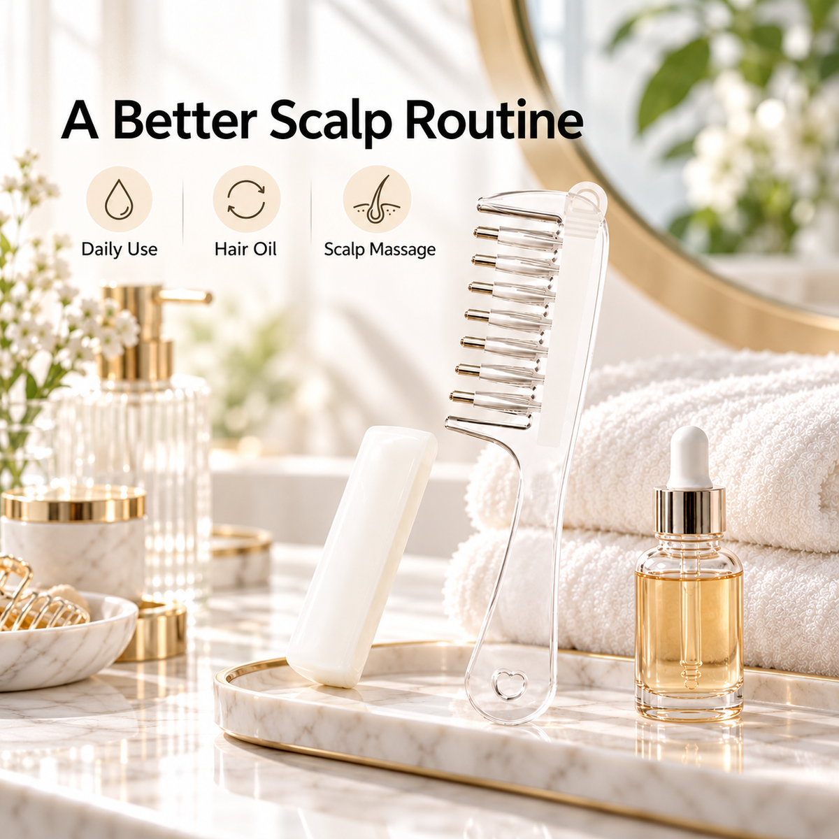 💧Refillable Scalp Oil Applicator Comb with 7 Metal Massage Tips – Even Root Serum Distribution & Scalp Stimulation for Hair Care