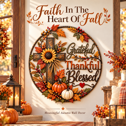 🍂 Grateful, Thankful & Blessed Autumn Cross Metal Wall Decor