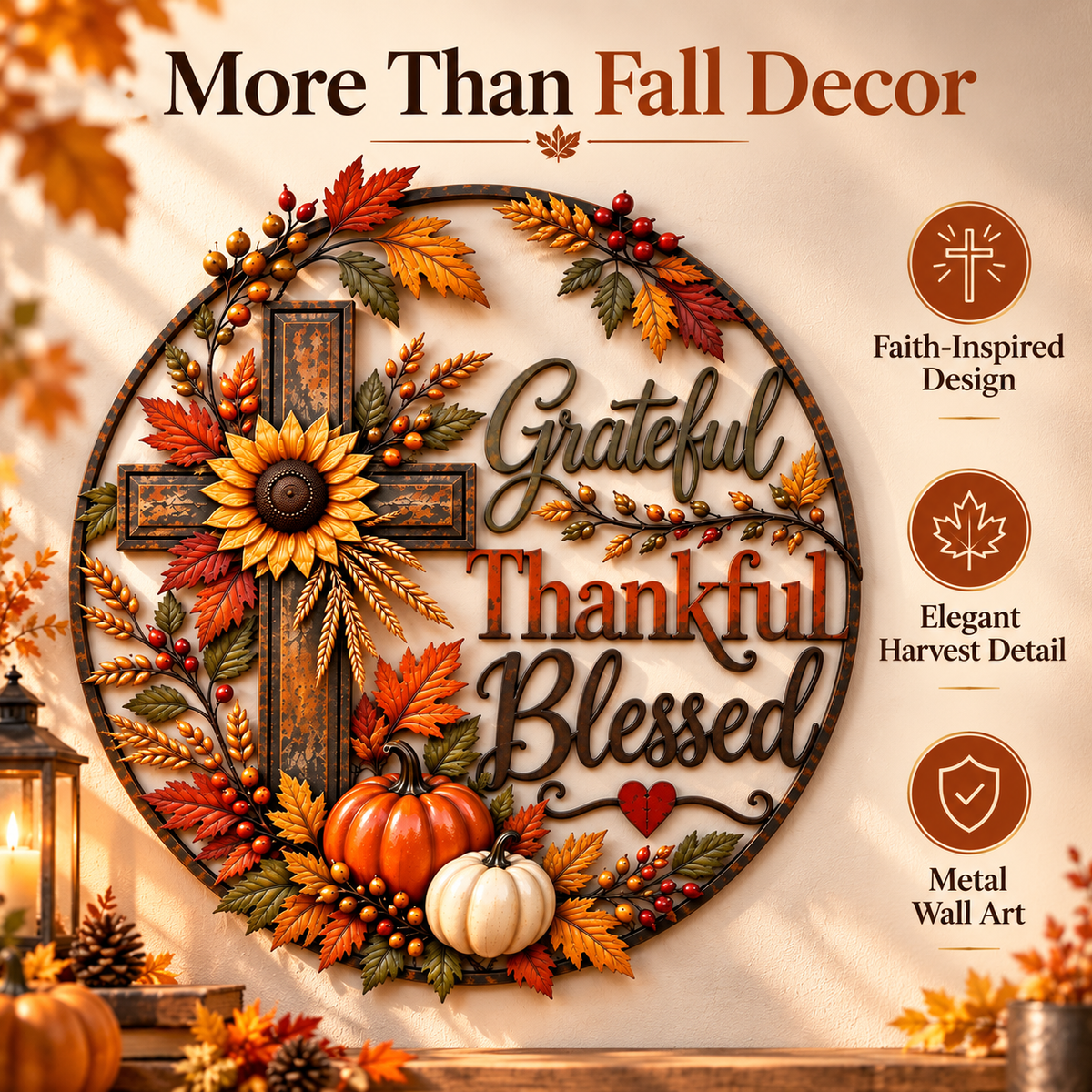 🍂 Grateful, Thankful & Blessed Autumn Cross Metal Wall Decor