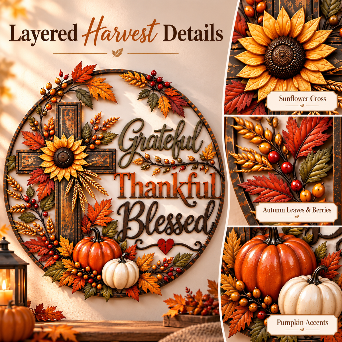 🍂 Grateful, Thankful & Blessed Autumn Cross Metal Wall Decor