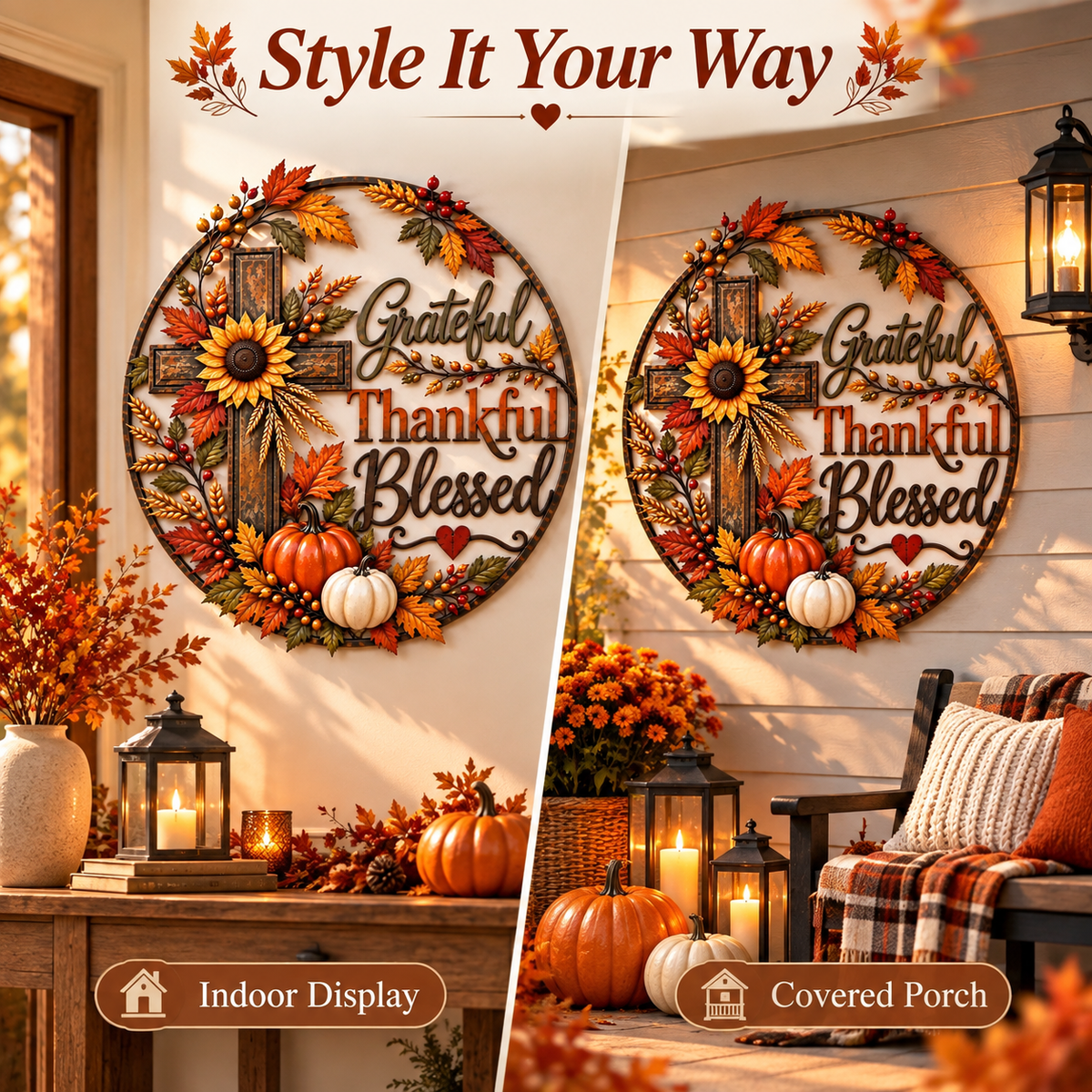 🍂 Grateful, Thankful & Blessed Autumn Cross Metal Wall Decor