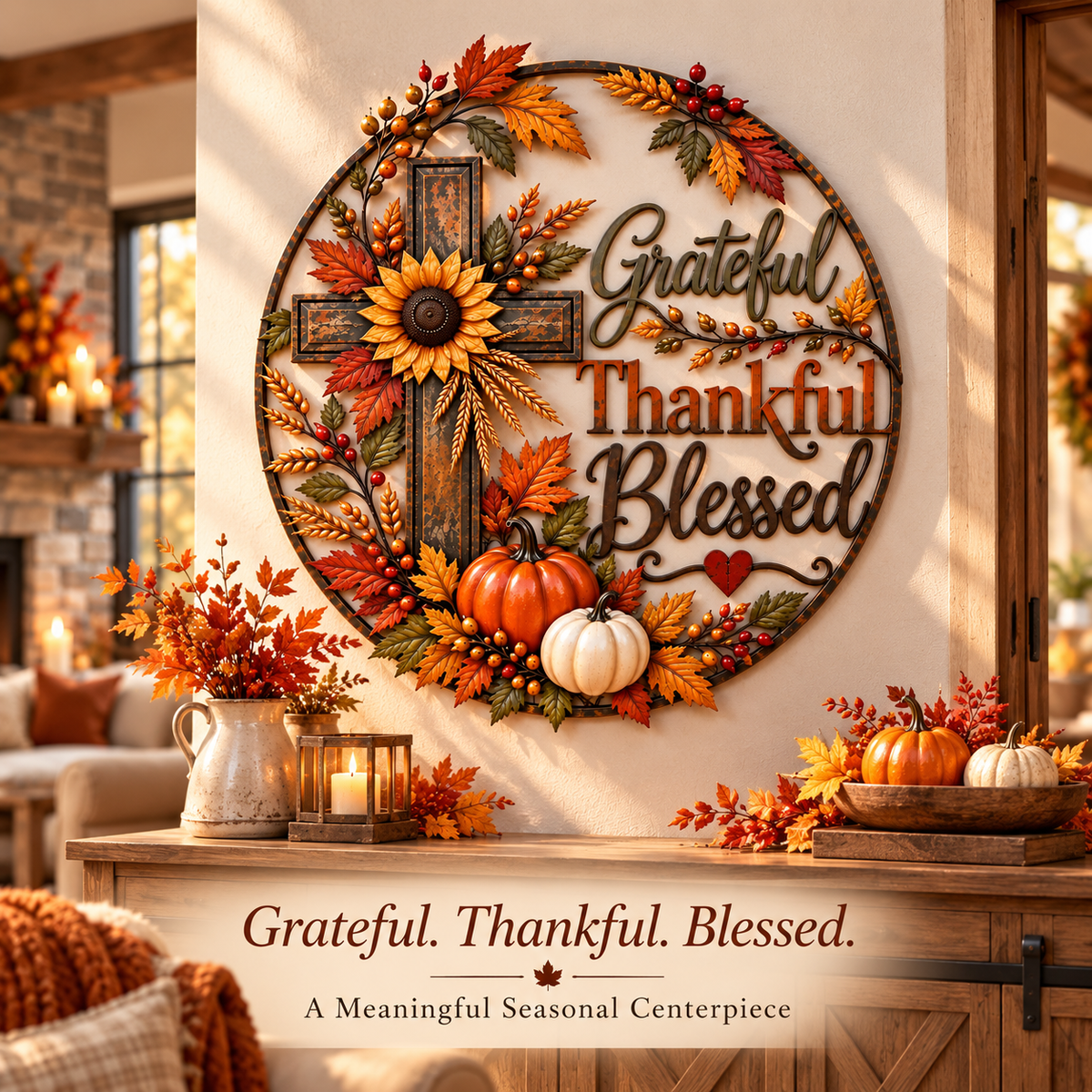 🍂 Grateful, Thankful & Blessed Autumn Cross Metal Wall Decor