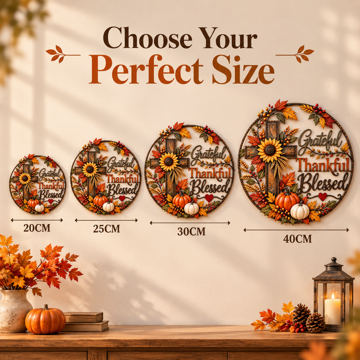 🍂 Grateful, Thankful & Blessed Autumn Cross Metal Wall Decor