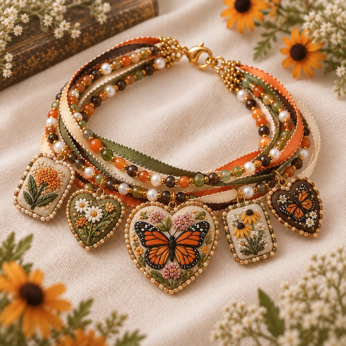 🌸 Embroidered Floral Charm Bracelet DIY Kit