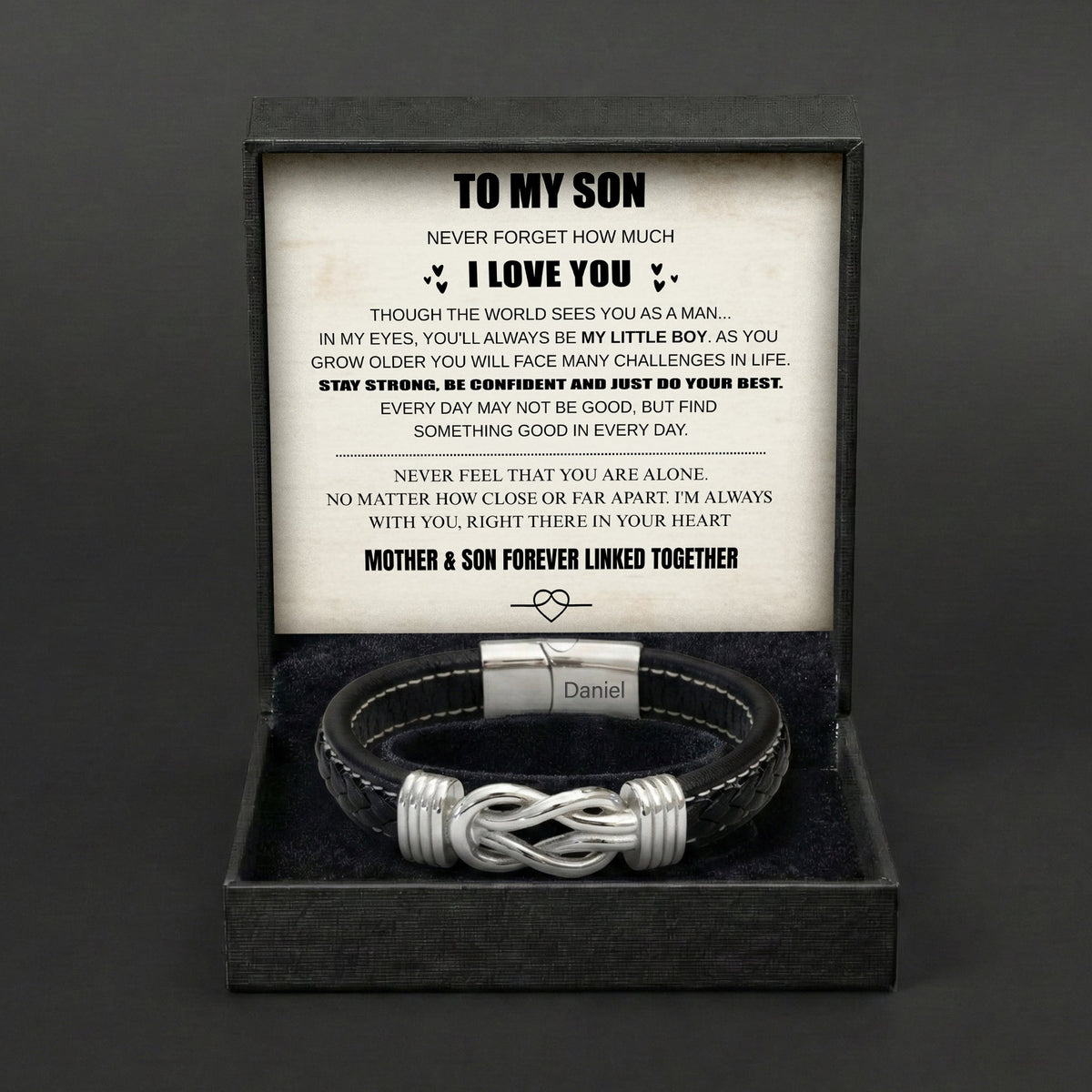 Son's Infinity Bracelet with Custom Engraving